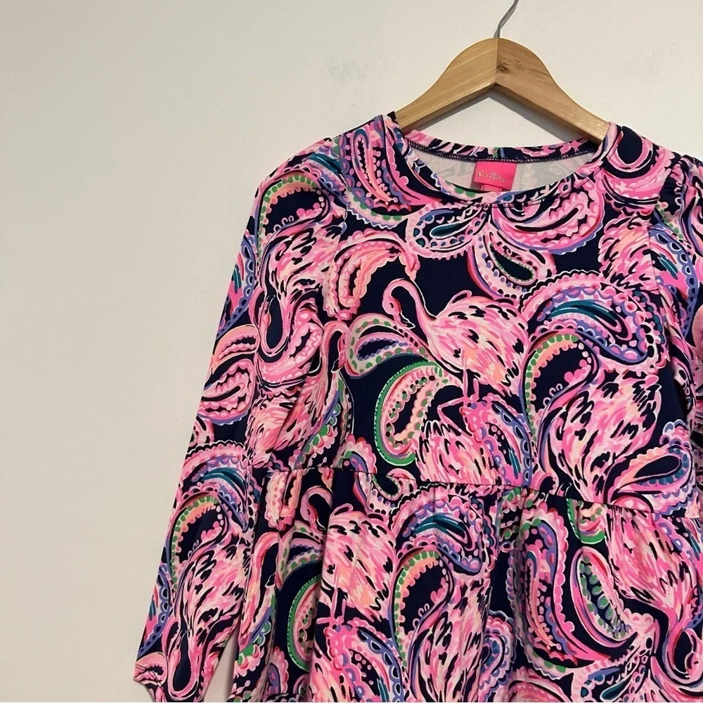 Lilly Pulitzer Mini Arlette flamingo Print long sleeve tiered kids Dress